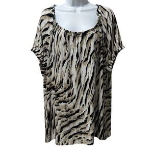 Woman Collection Tunic Top 2X Animal Print Stretch Boat Neck Short Sleeve